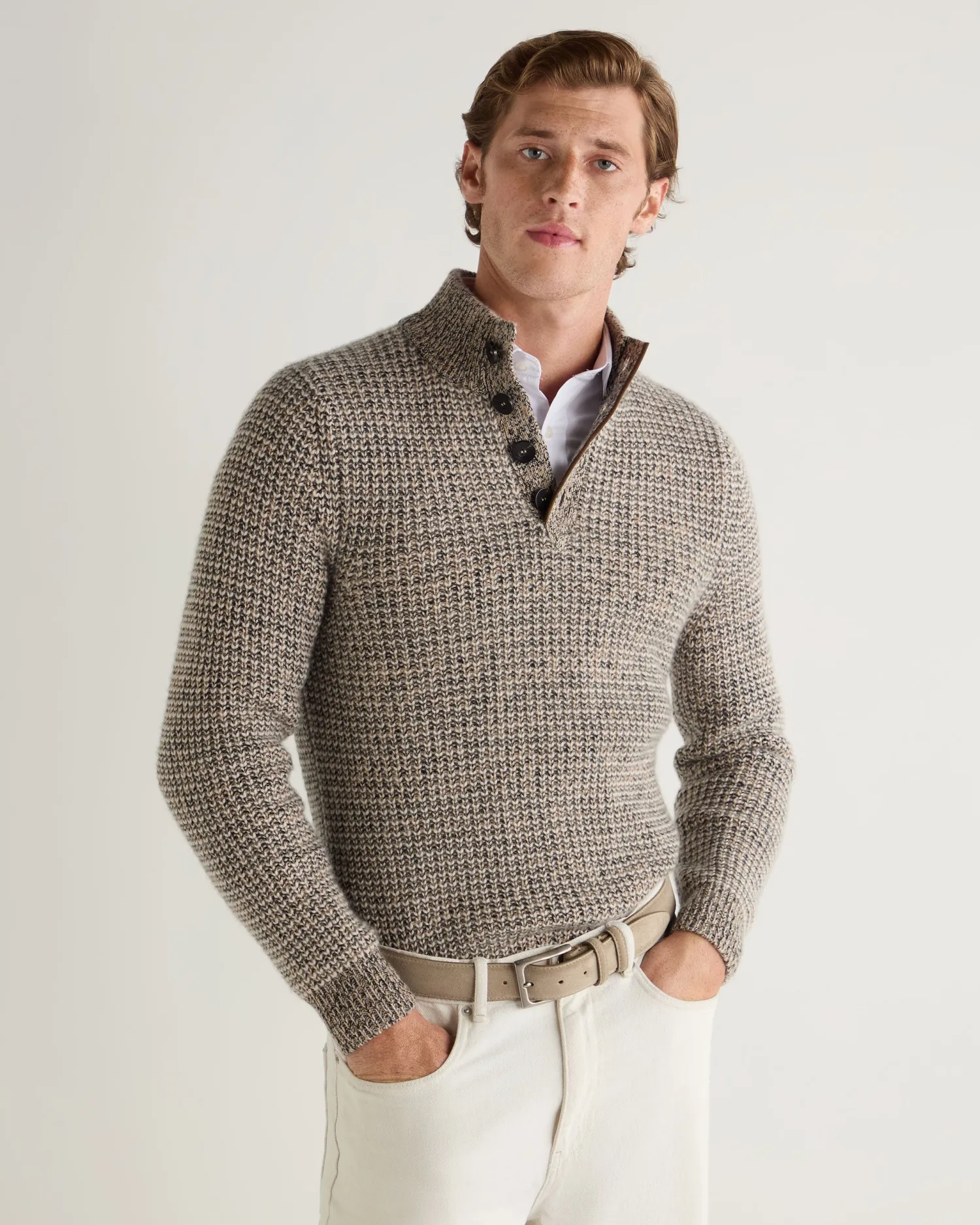 Women N.Peal Natural | Natural*Men's Beauchamp Marl Half Button Cashmere Sweater
