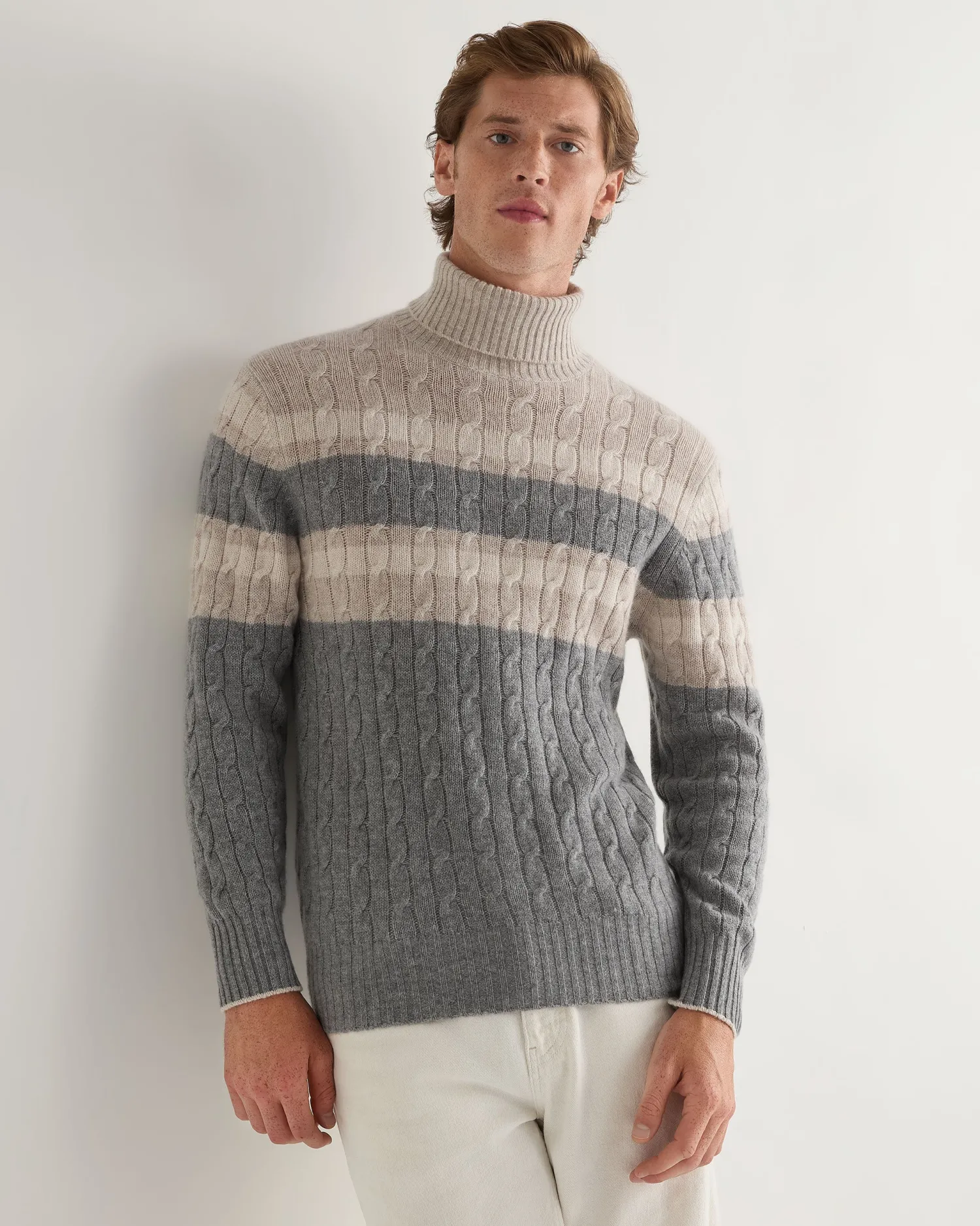 Women N.Peal White | White*Men's Berwick Stripe Turtle Neck Cashmere Sweater