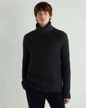 N.Peal Dark Grey | Textured Knits*Men's Chunky Moss Stitch Turtle Neck Cashmere Sweater