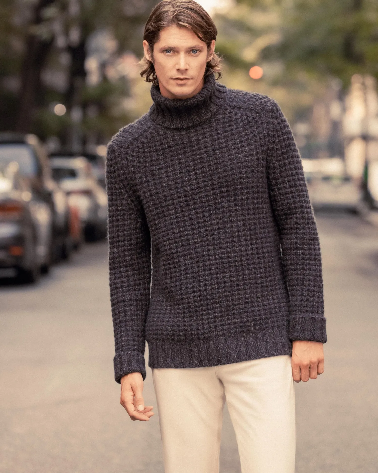 N.Peal Dark Grey | Textured Knits*Men's Chunky Moss Stitch Turtle Neck Cashmere Sweater