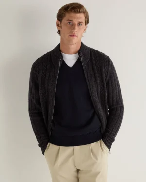 N.Peal Dark Grey | Fur Trim Knitwear*Men's Colorado Cable Fur Trim Cashmere Jacket