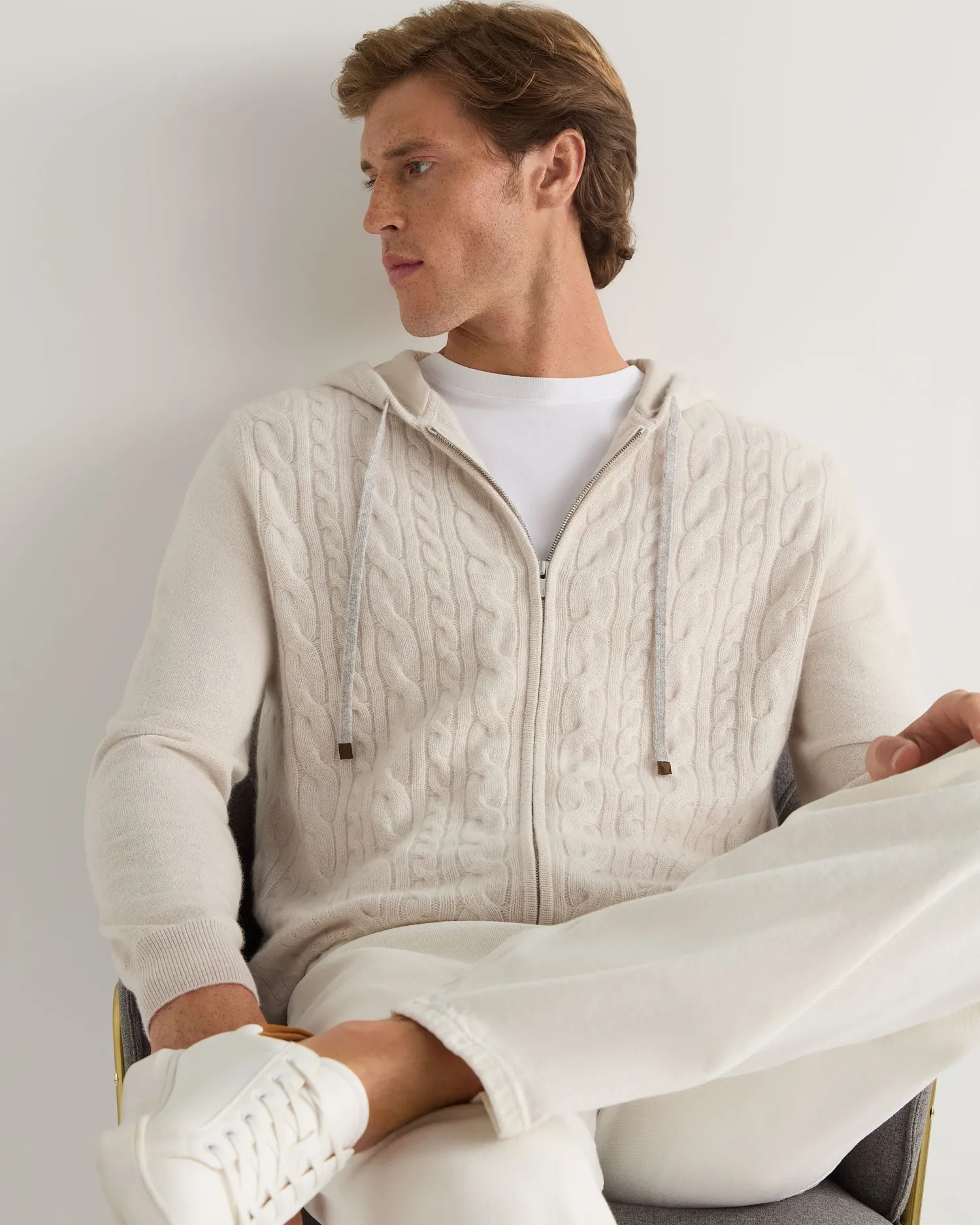 Women N.Peal White | White*Men's Fulham Cable Zip Cashmere Hoodie