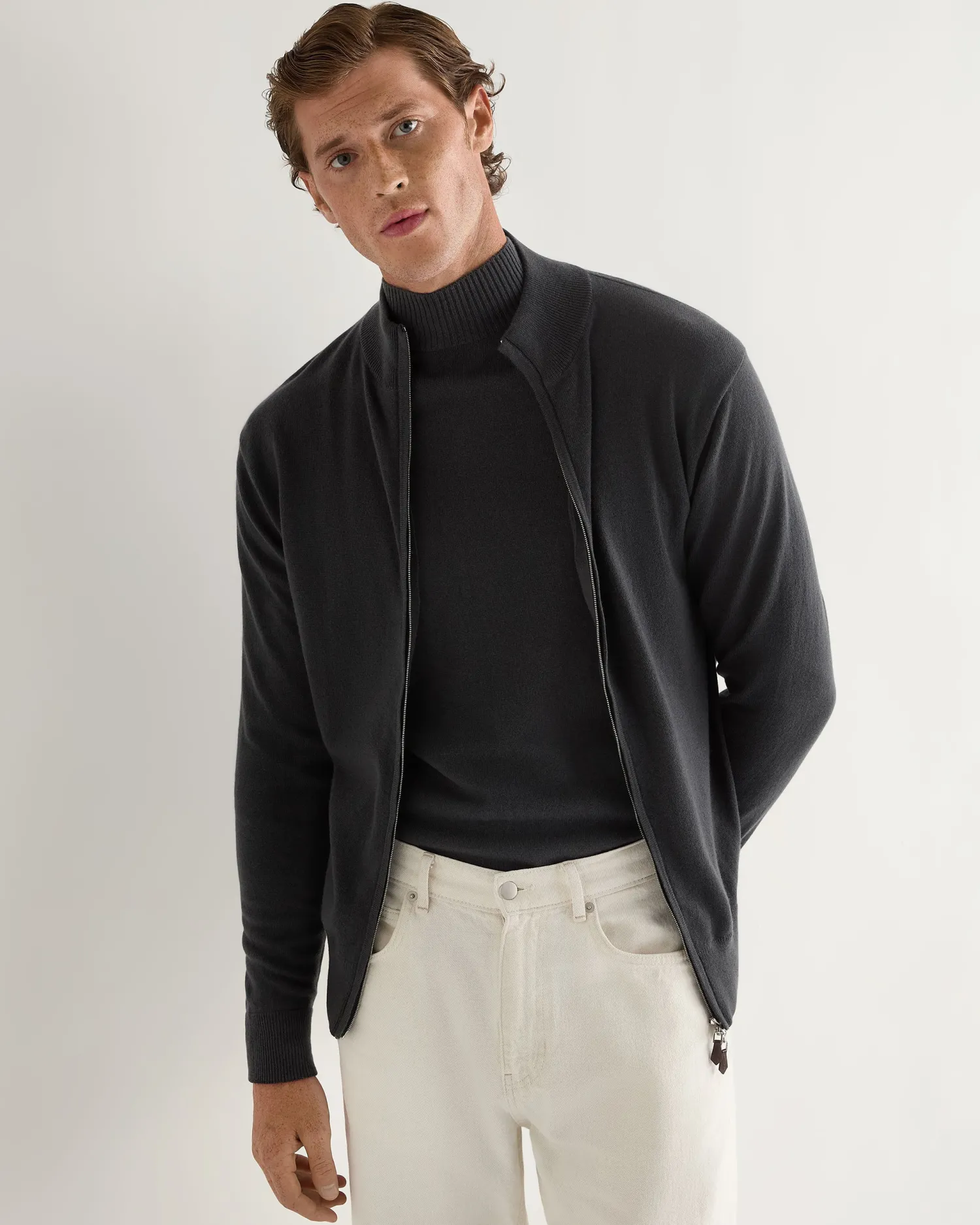 N.Peal Dark Grey | West Village*Men's Knightsbridge Full Zip Cashmere Sweater