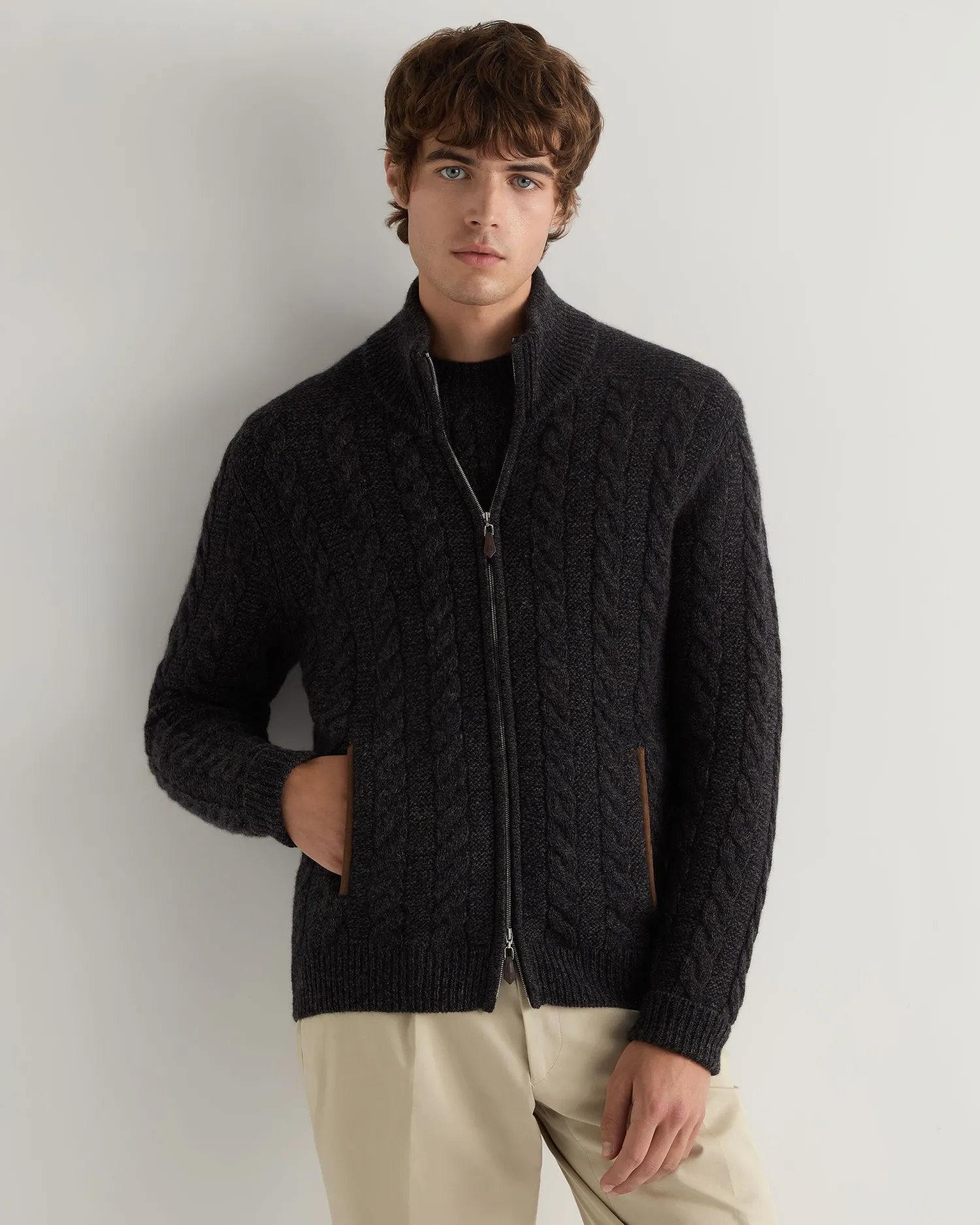 N.Peal Dark Grey | Textured Knits*Men's Richmond Cable Cashmere Cardigan