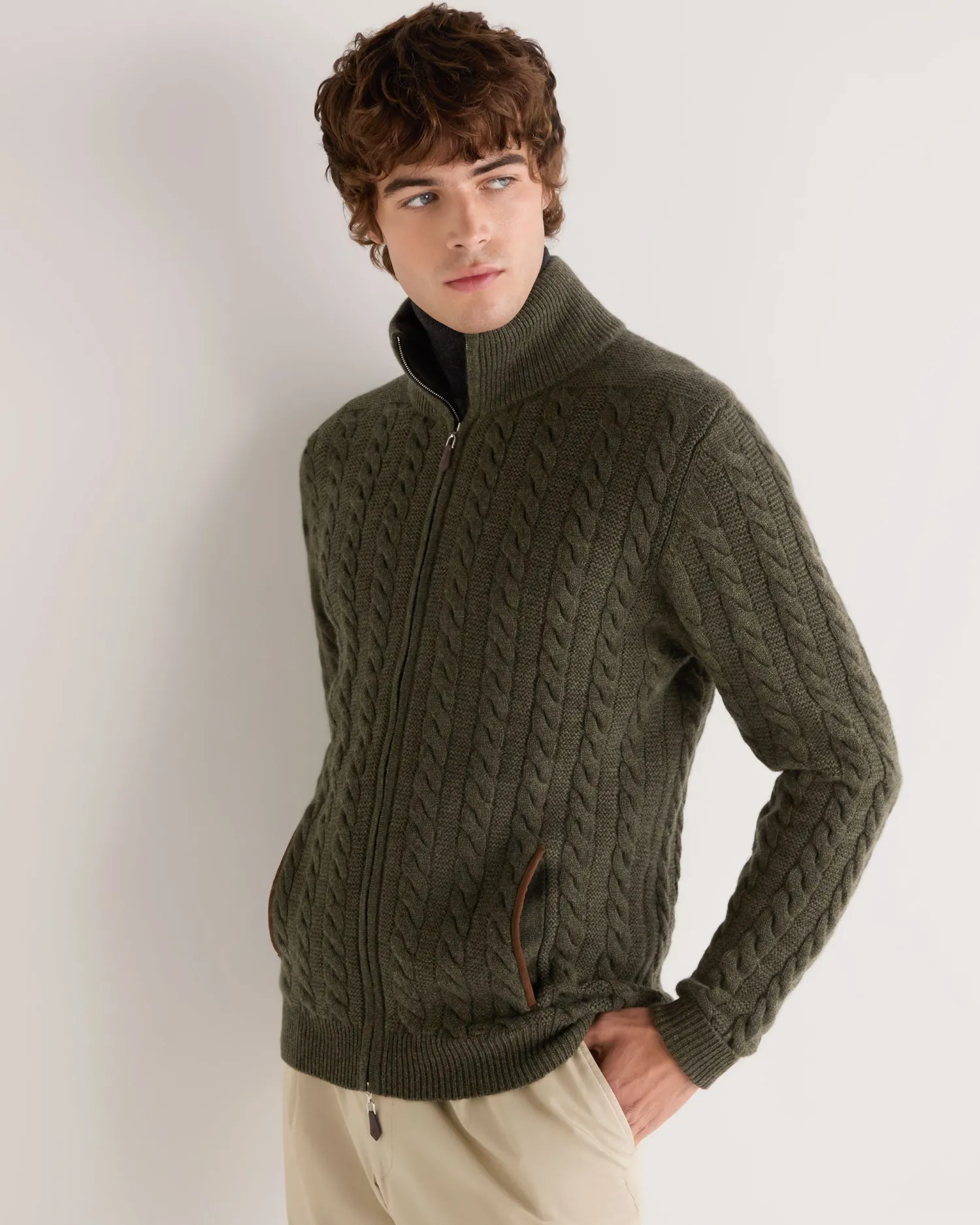 N.Peal Green | Fur Trim Knitwear*Men's Richmond Cable Cashmere Cardigan