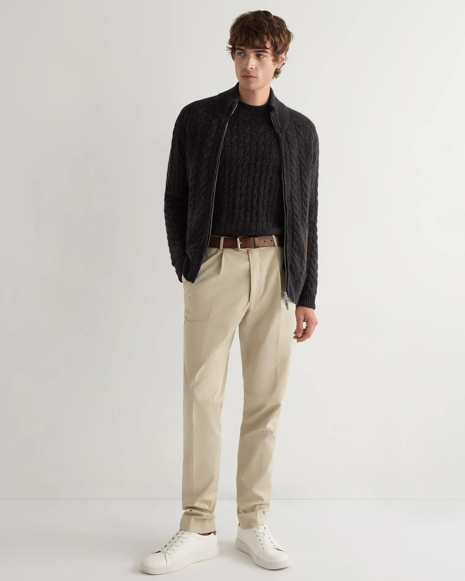 N.Peal Dark Grey | Textured Knits*Men's Richmond Cable Cashmere Cardigan