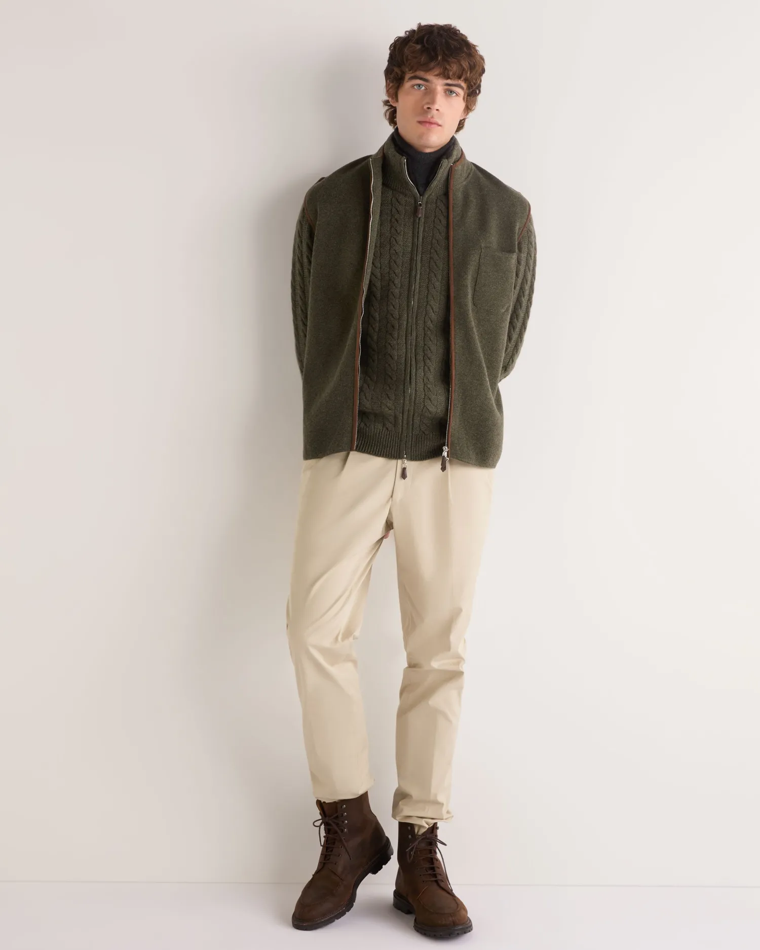 N.Peal Green | Fur Trim Knitwear*Men's Richmond Cable Cashmere Cardigan
