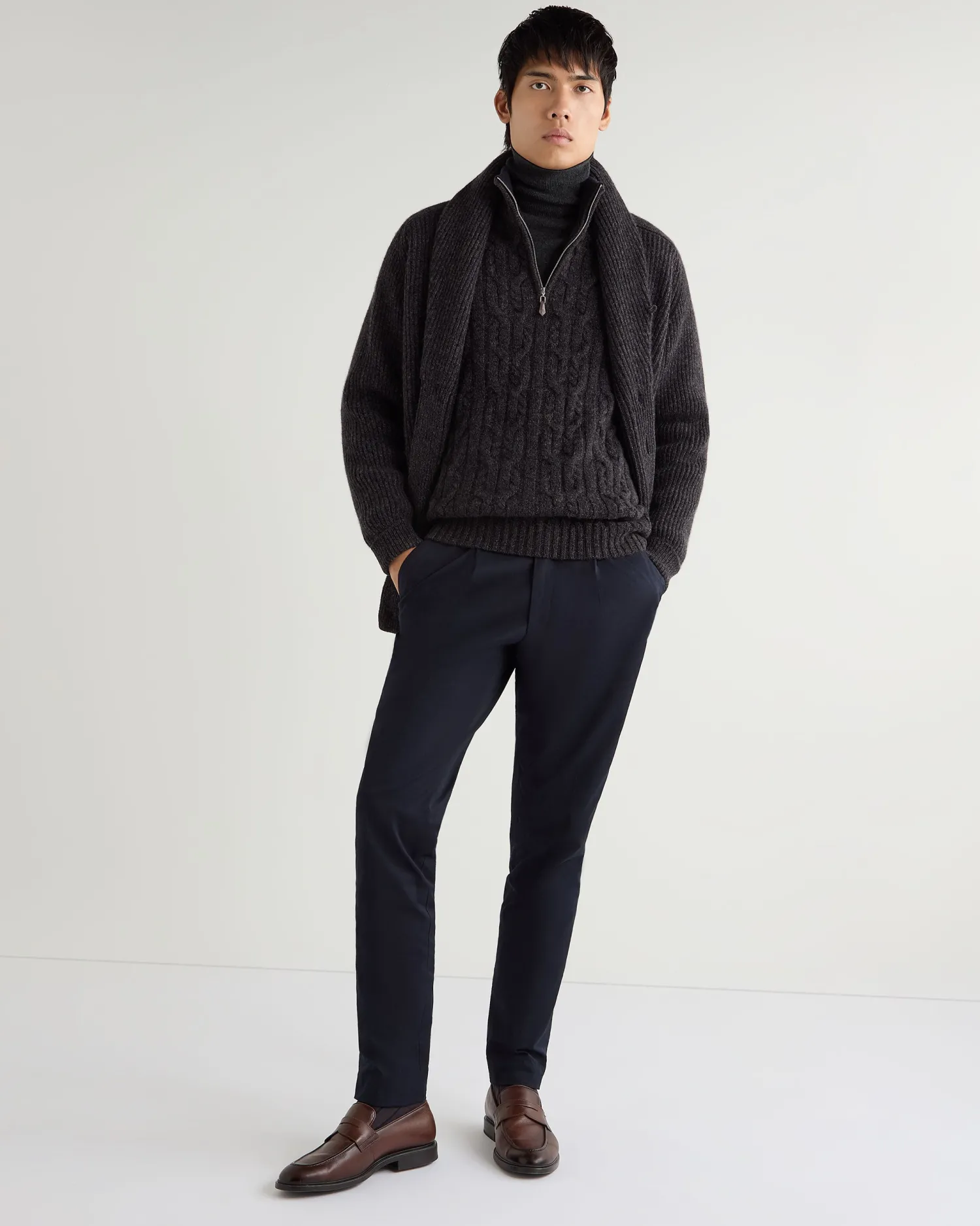 N.Peal Dark Grey | Half & Full Zip Knitwear*Men's Textured Cable Half Zip Cashmere Sweater