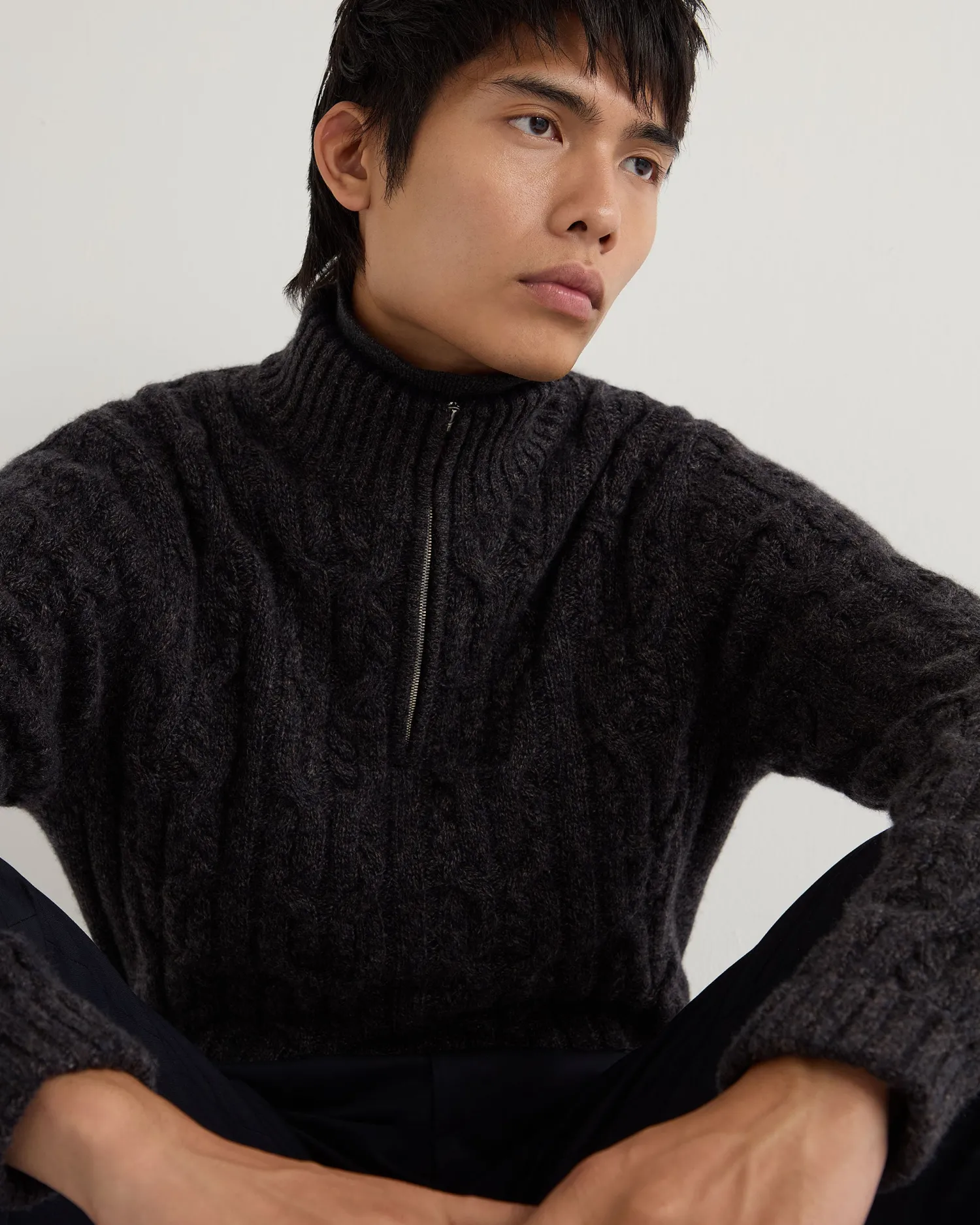 N.Peal Dark Grey | Half & Full Zip Knitwear*Men's Textured Cable Half Zip Cashmere Sweater