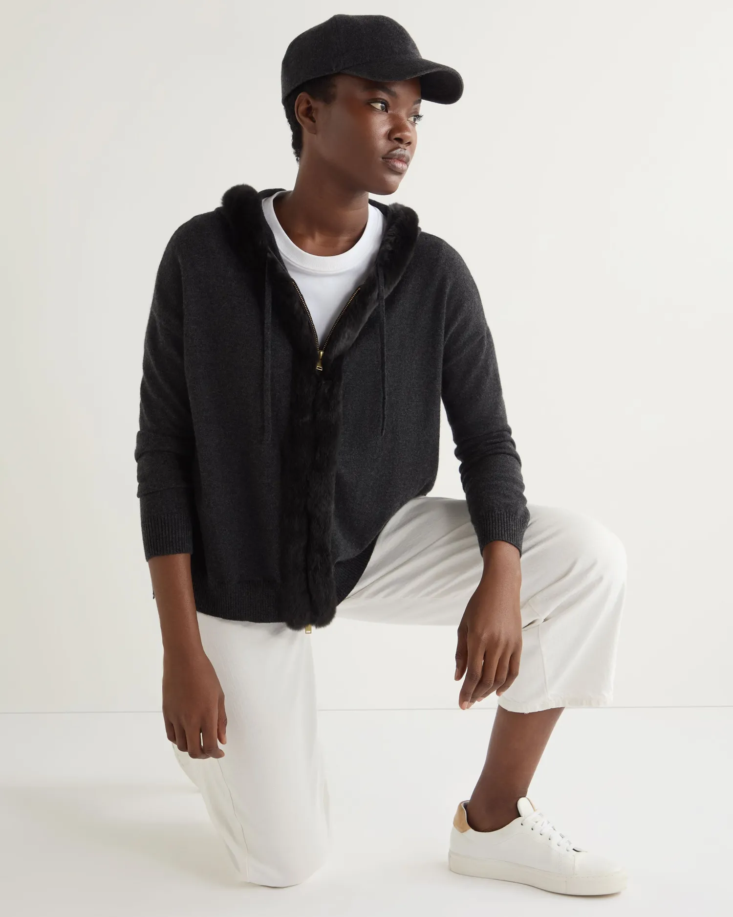 Women N.Peal Dark Grey | Fur Trim Knitwear*Women's Alicia Fur Trim Cashmere Hoodie