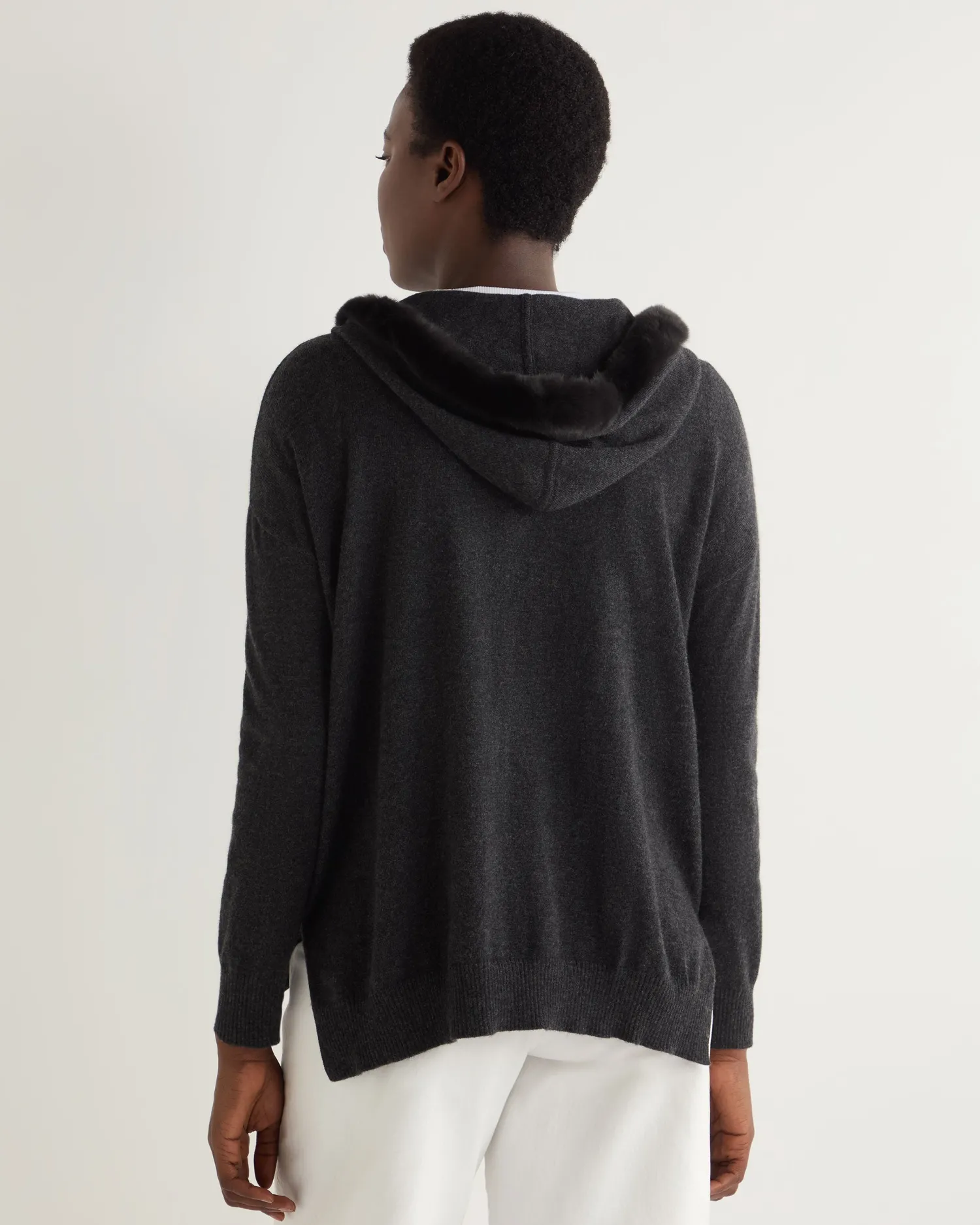 Women N.Peal Dark Grey | Fur Trim Knitwear*Women's Alicia Fur Trim Cashmere Hoodie