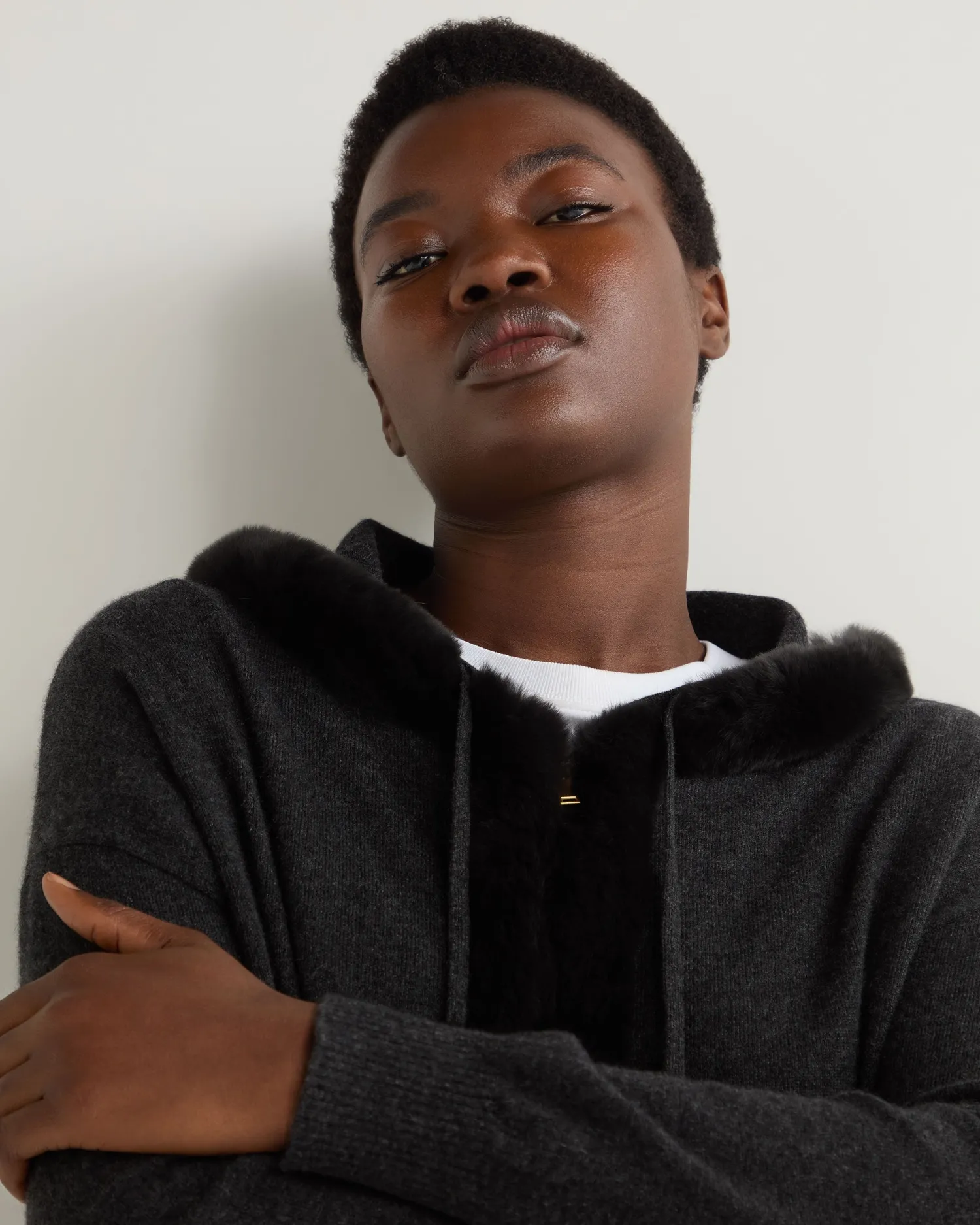 Women N.Peal Dark Grey | Fur Trim Knitwear*Women's Alicia Fur Trim Cashmere Hoodie