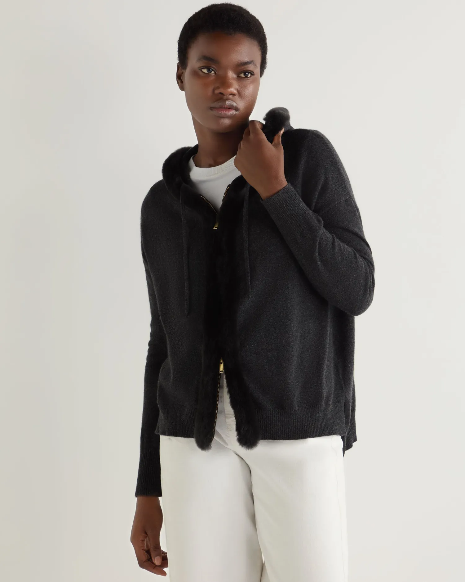 Women N.Peal Dark Grey | Fur Trim Knitwear*Women's Alicia Fur Trim Cashmere Hoodie