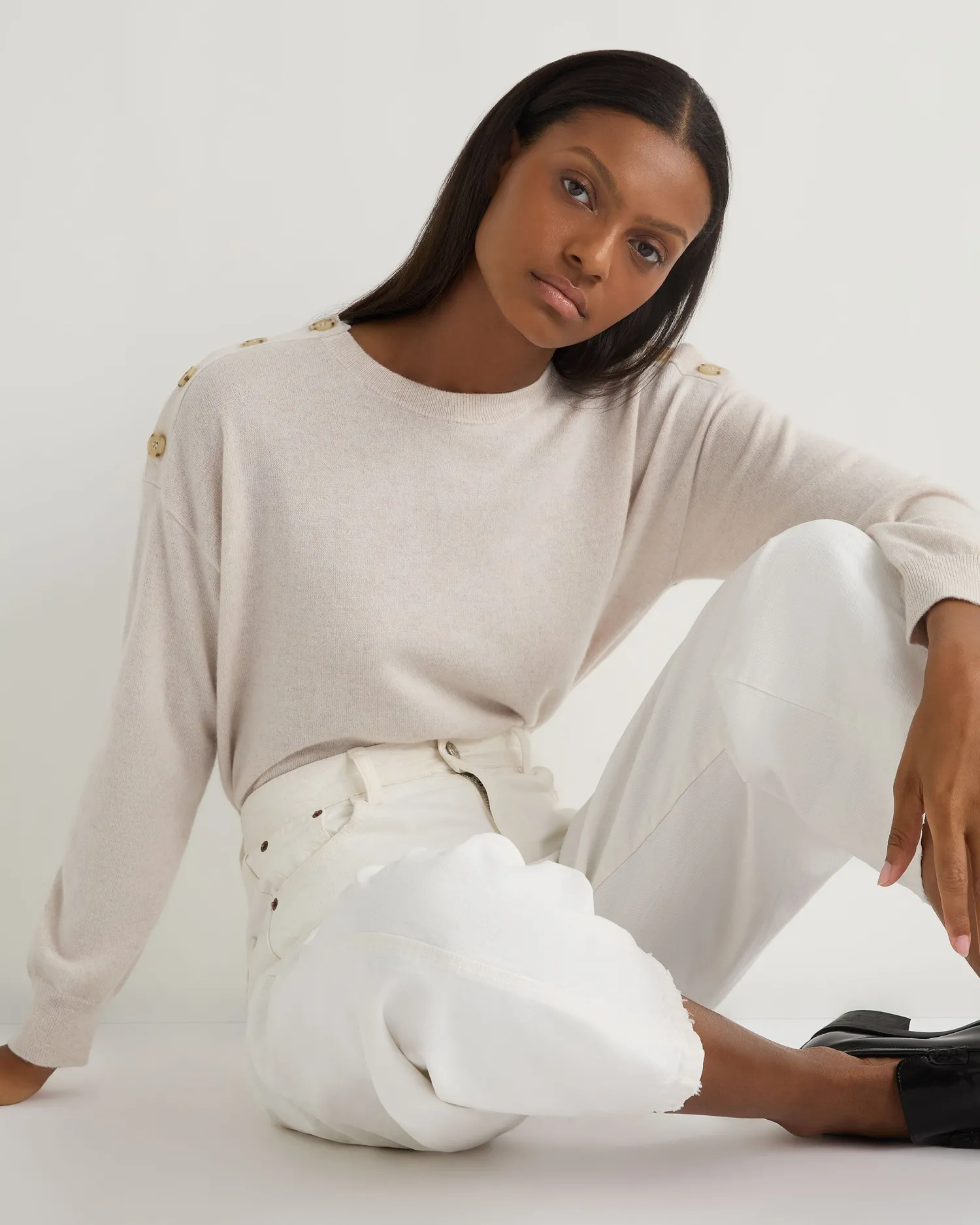 Women N.Peal Natural | White*Women's Button Shoulder Cashmere Sweater