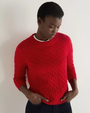 Women N.Peal Red | Textured Knits*Women's Emilia Cable Round Neck Cashmere Sweater