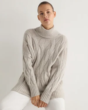 Women N.Peal Natural | Brown*Women's Emmie Relaxed Cable Turtle Neck Cashmere Sweater