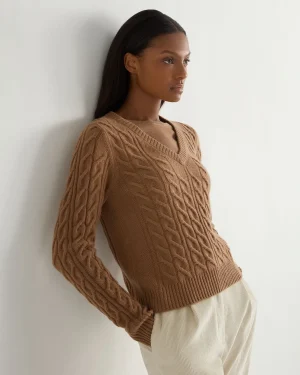 Women N.Peal Brown | Textured Knits*Women's Frankie Cable V Neck Cashmere Sweater