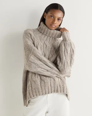 Women N.Peal Natural | Textured Knits*Women's Hana Marl Chunky Cable Turtle Neck Cashmere Sweater