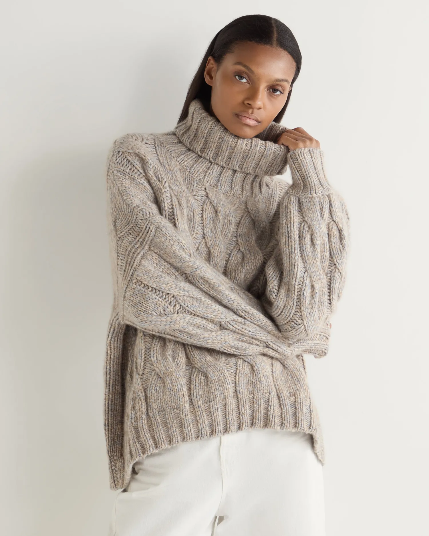 Women N.Peal Natural | Textured Knits*Women's Hana Marl Chunky Cable Turtle Neck Cashmere Sweater