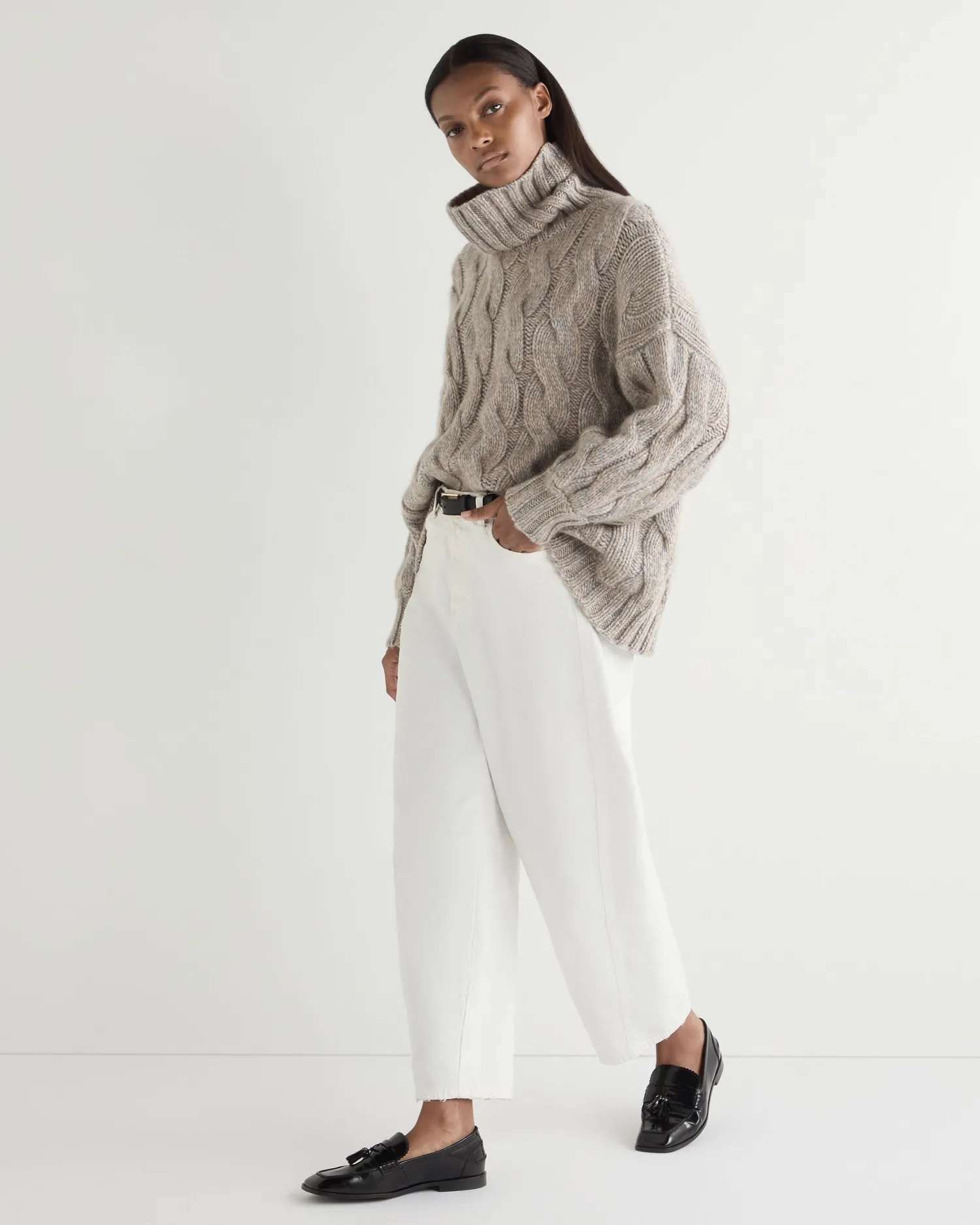 Women N.Peal Natural | Textured Knits*Women's Hana Marl Chunky Cable Turtle Neck Cashmere Sweater