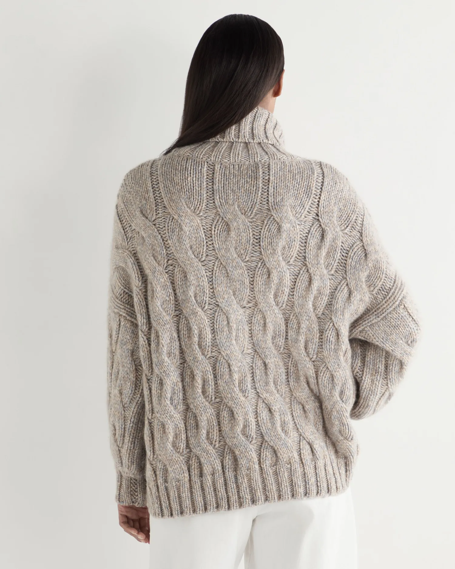 Women N.Peal Natural | Textured Knits*Women's Hana Marl Chunky Cable Turtle Neck Cashmere Sweater