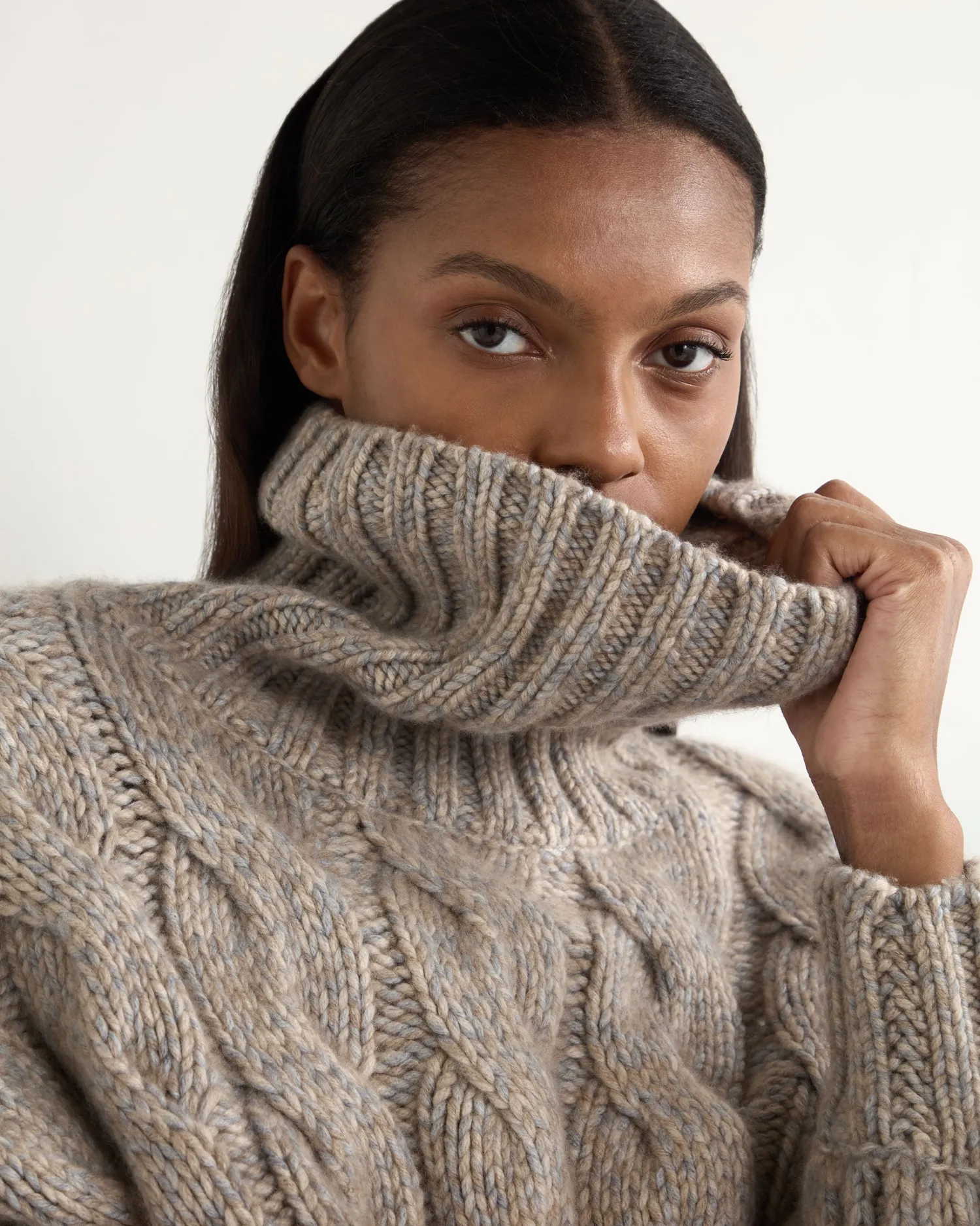 Women N.Peal Natural | Textured Knits*Women's Hana Marl Chunky Cable Turtle Neck Cashmere Sweater