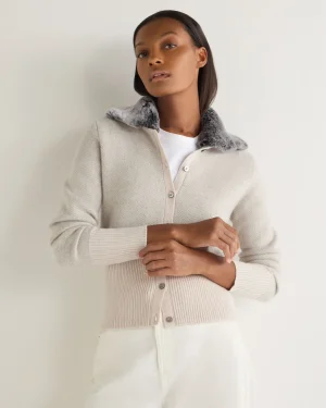 Women N.Peal White | Natural*Women's Herringbone Cashmere Cardigan