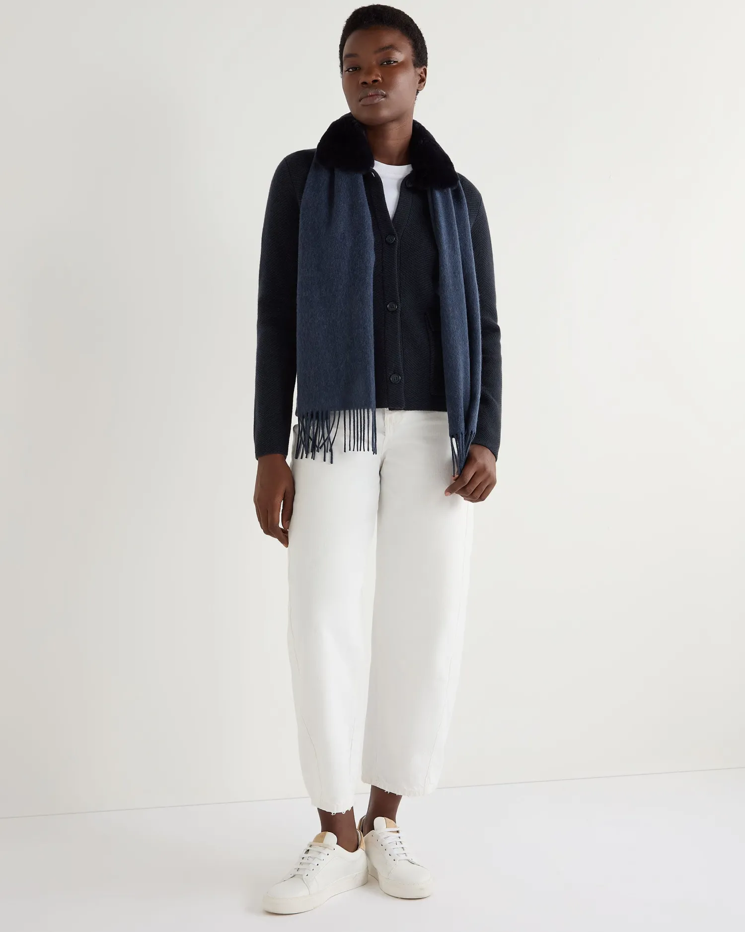 Women N.Peal Navy | Blue*Women's Herringbone Cashmere Jacket with Fur Trim