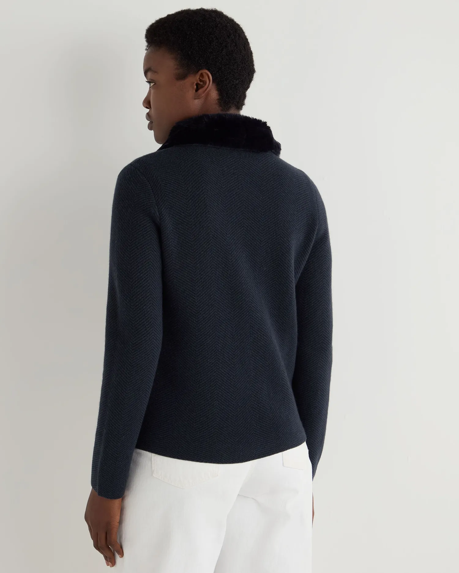 Women N.Peal Navy | Blue*Women's Herringbone Cashmere Jacket with Fur Trim