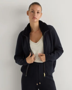 Women N.Peal Navy | Blue*Women's Honeycomb Full Zip Cashmere Sweater With Fur Trim
