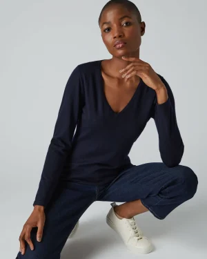 Women N.Peal Navy | Blue*Women's Imogen Superfine Cashmere V Neck Sweater