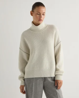 Women N.Peal Natural | Light Grey*Women's Metal Trim Turtle Neck Cashmere Sweater With Lurex