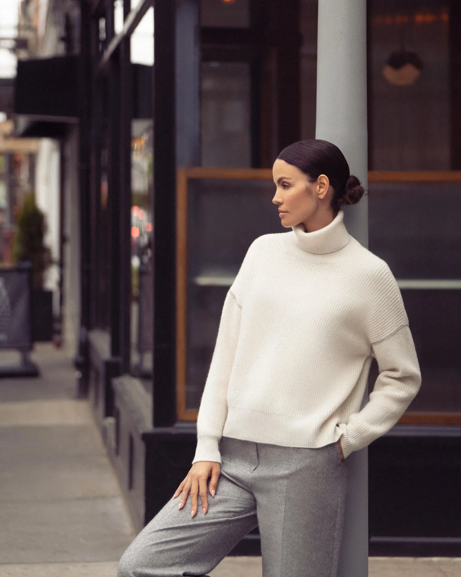 Women N.Peal Natural | Light Grey*Women's Metal Trim Turtle Neck Cashmere Sweater With Lurex