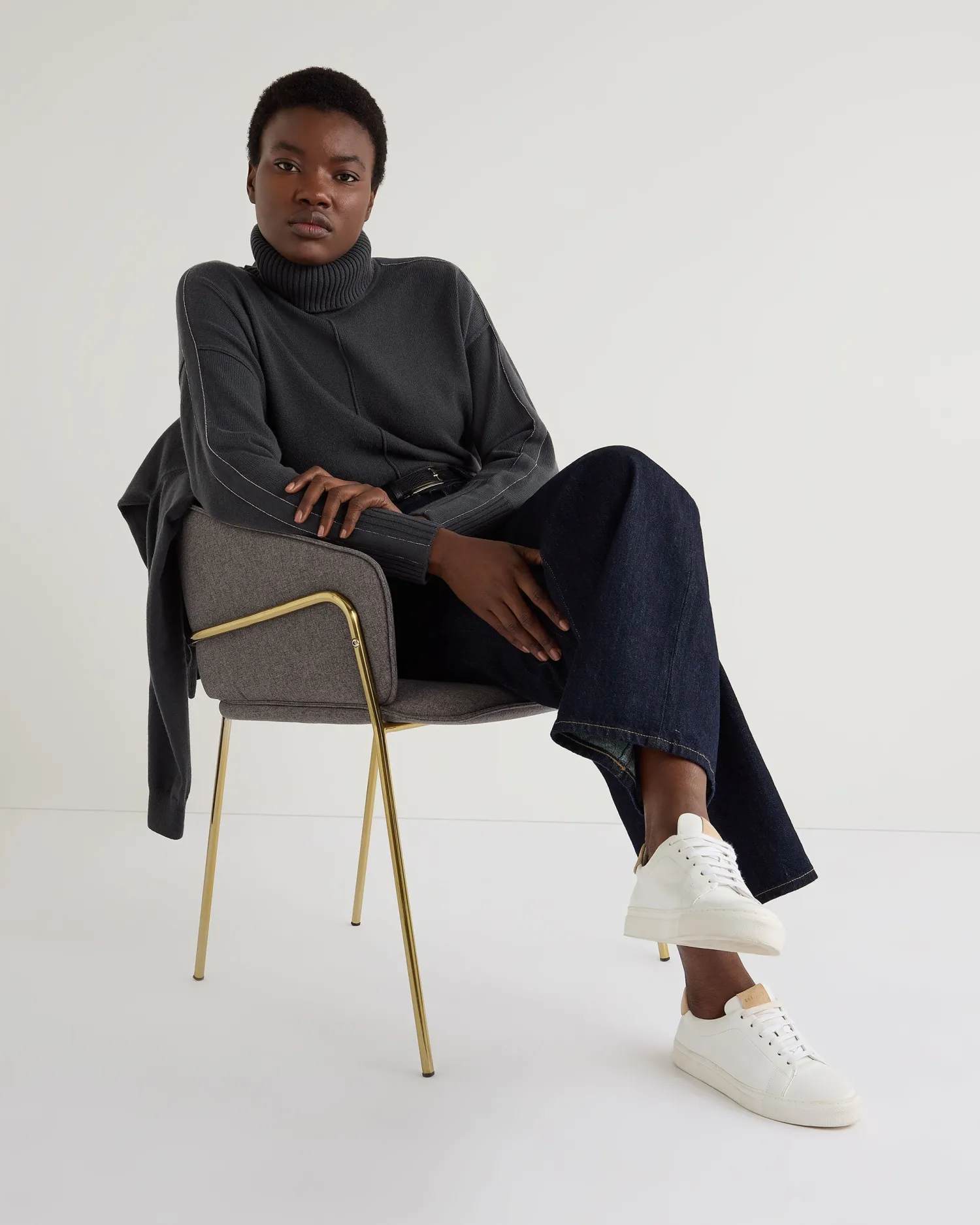 Women N.Peal Dark Grey | Metal Trim Cashmere*Women's Mollie Metal Turtle Neck Cashmere Sweater