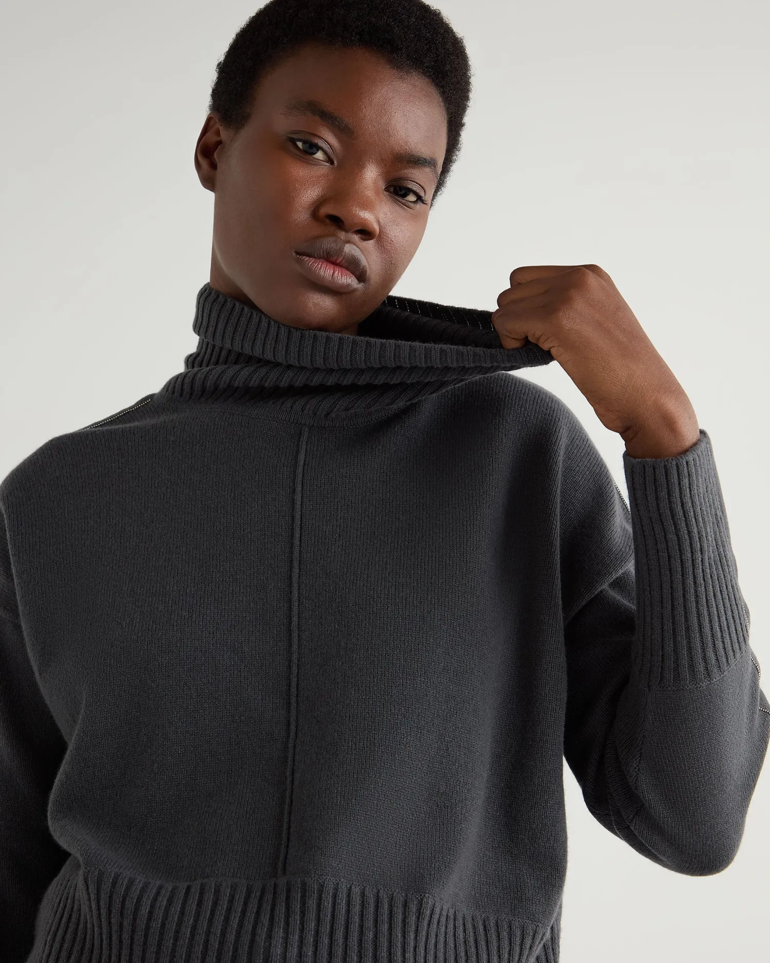 Women N.Peal Dark Grey | Metal Trim Cashmere*Women's Mollie Metal Turtle Neck Cashmere Sweater