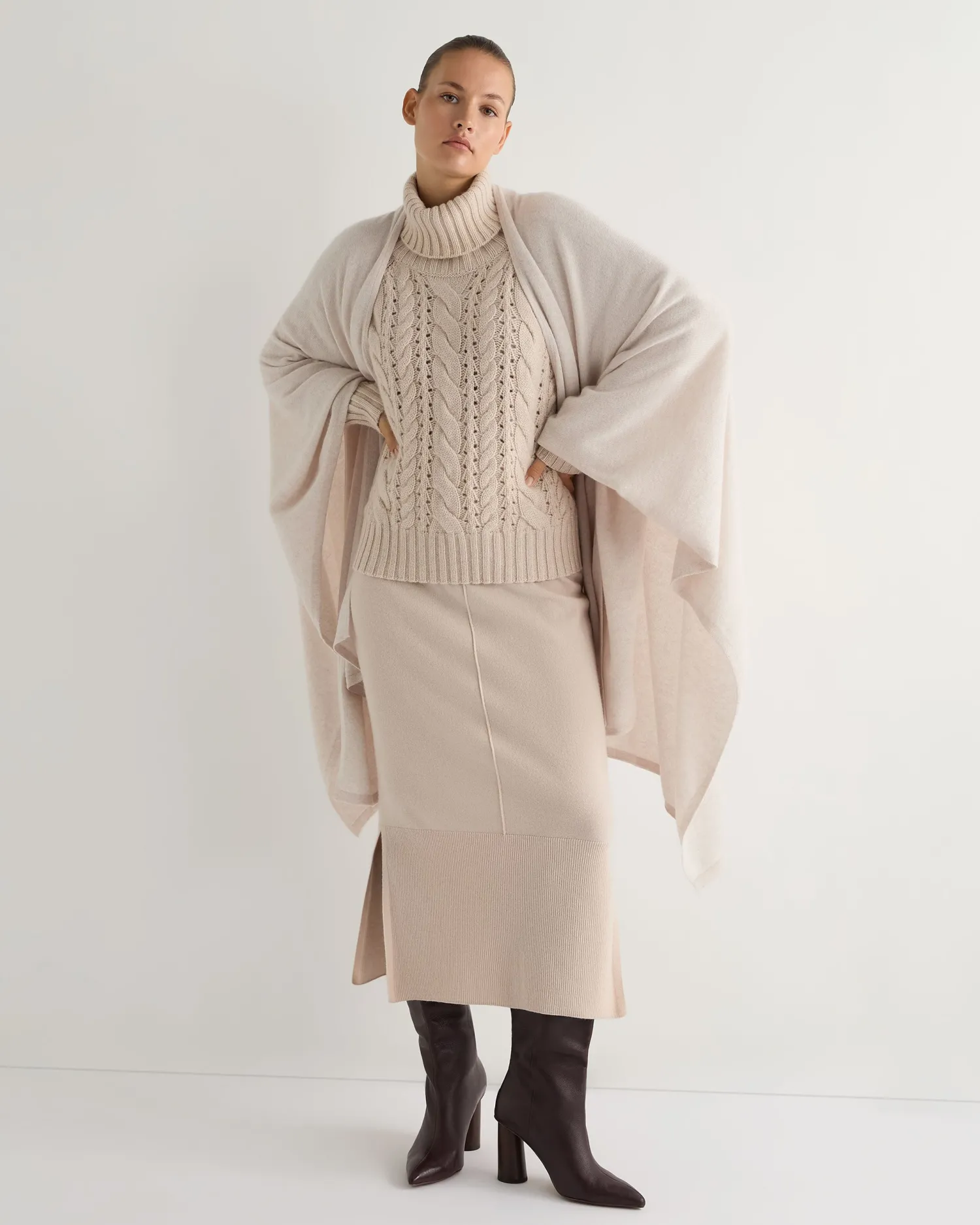 Women N.Peal White | Textured Knits*Women's Open Cable Turtle Neck Cashmere Sweater