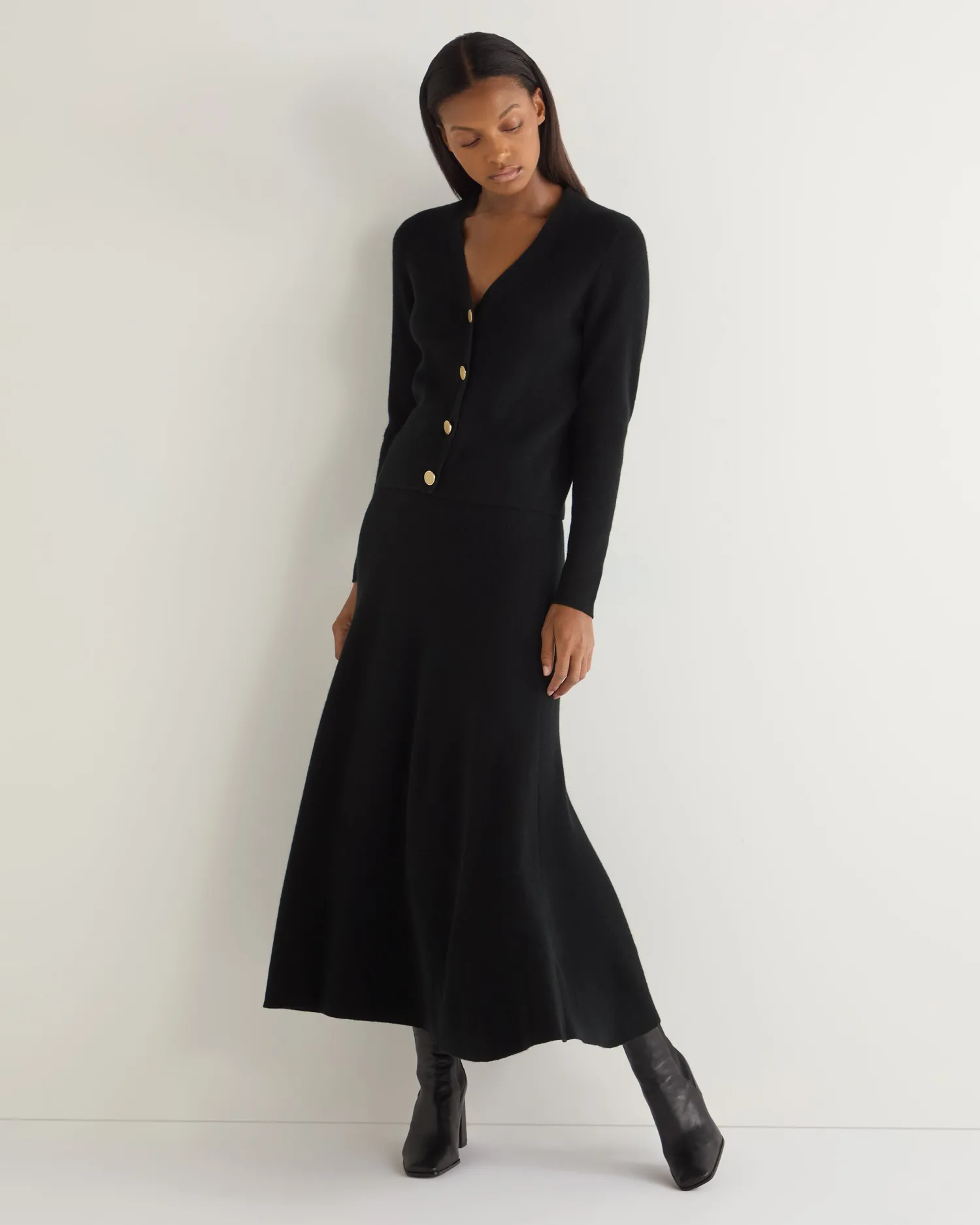 Women N.Peal Black | Ribbed Cashmere*Women's Rib V Neck Cashmere Cardigan