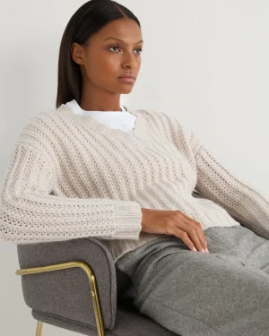 Women N.Peal White | Natural*Women's Statement Rib V Neck Cashmere Sweater