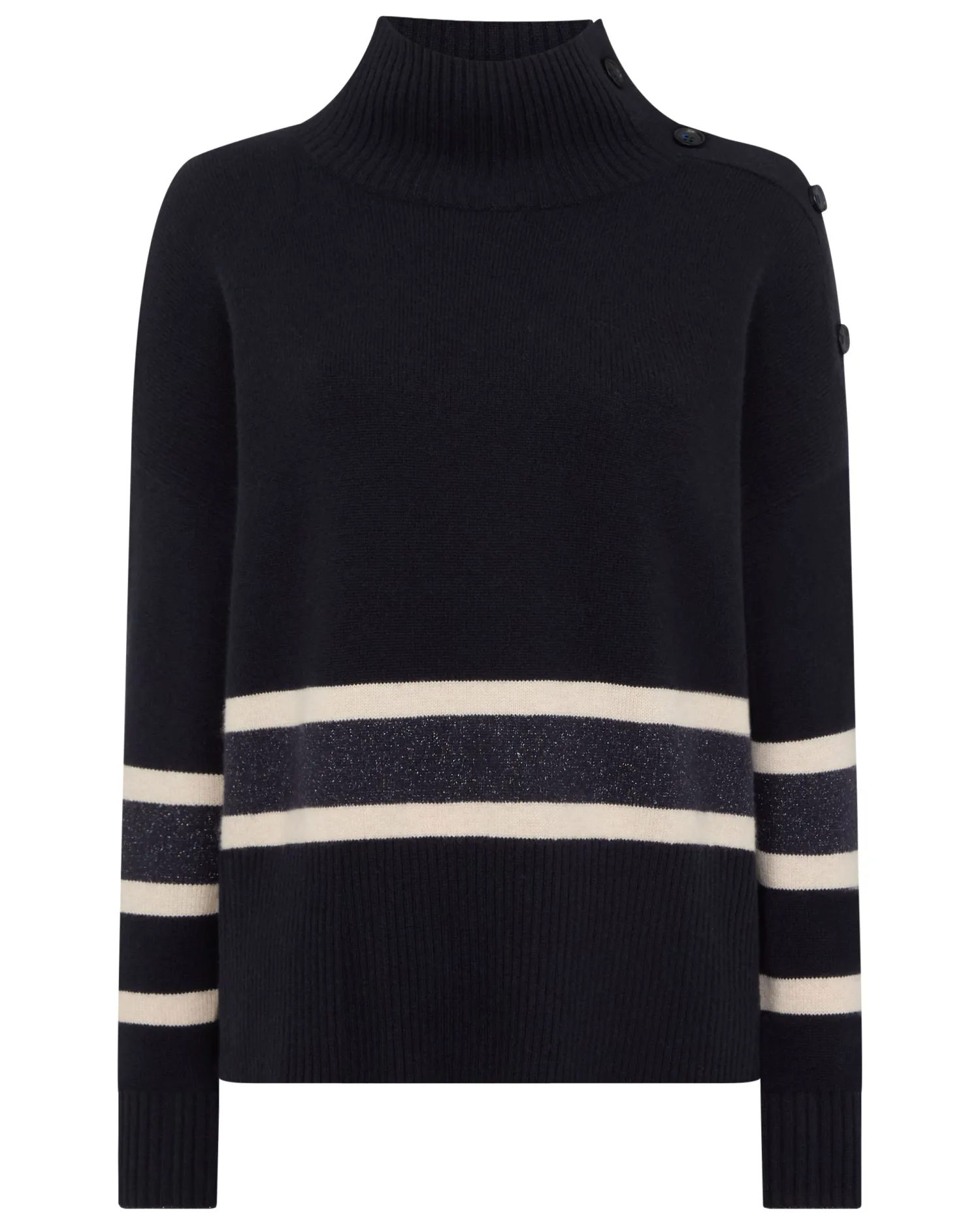 Women N.Peal Navy | Blue*Women's Stripe Mock Neck Cashmere Sweater With Lurex