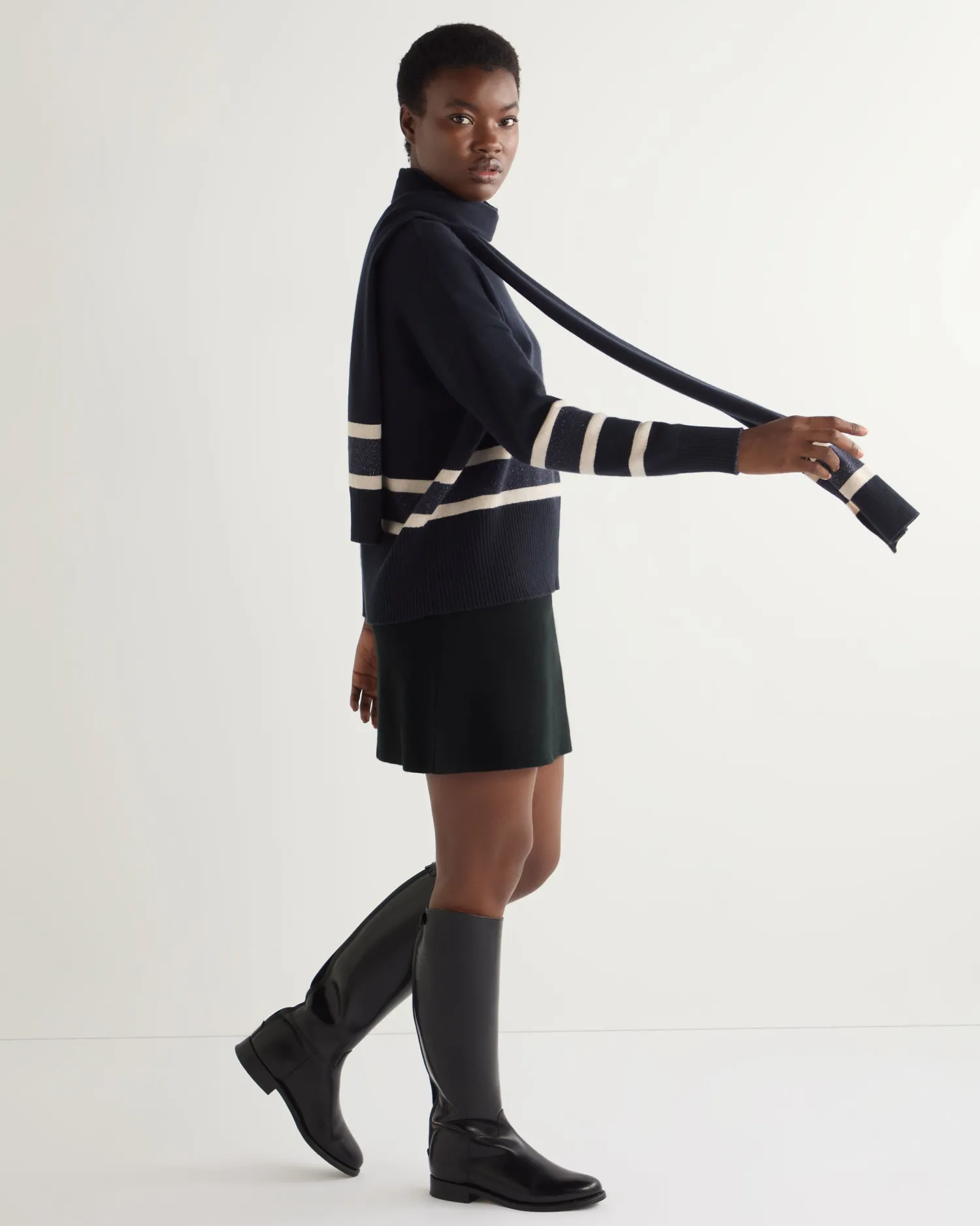 Women N.Peal Navy | Blue*Women's Stripe Mock Neck Cashmere Sweater With Lurex