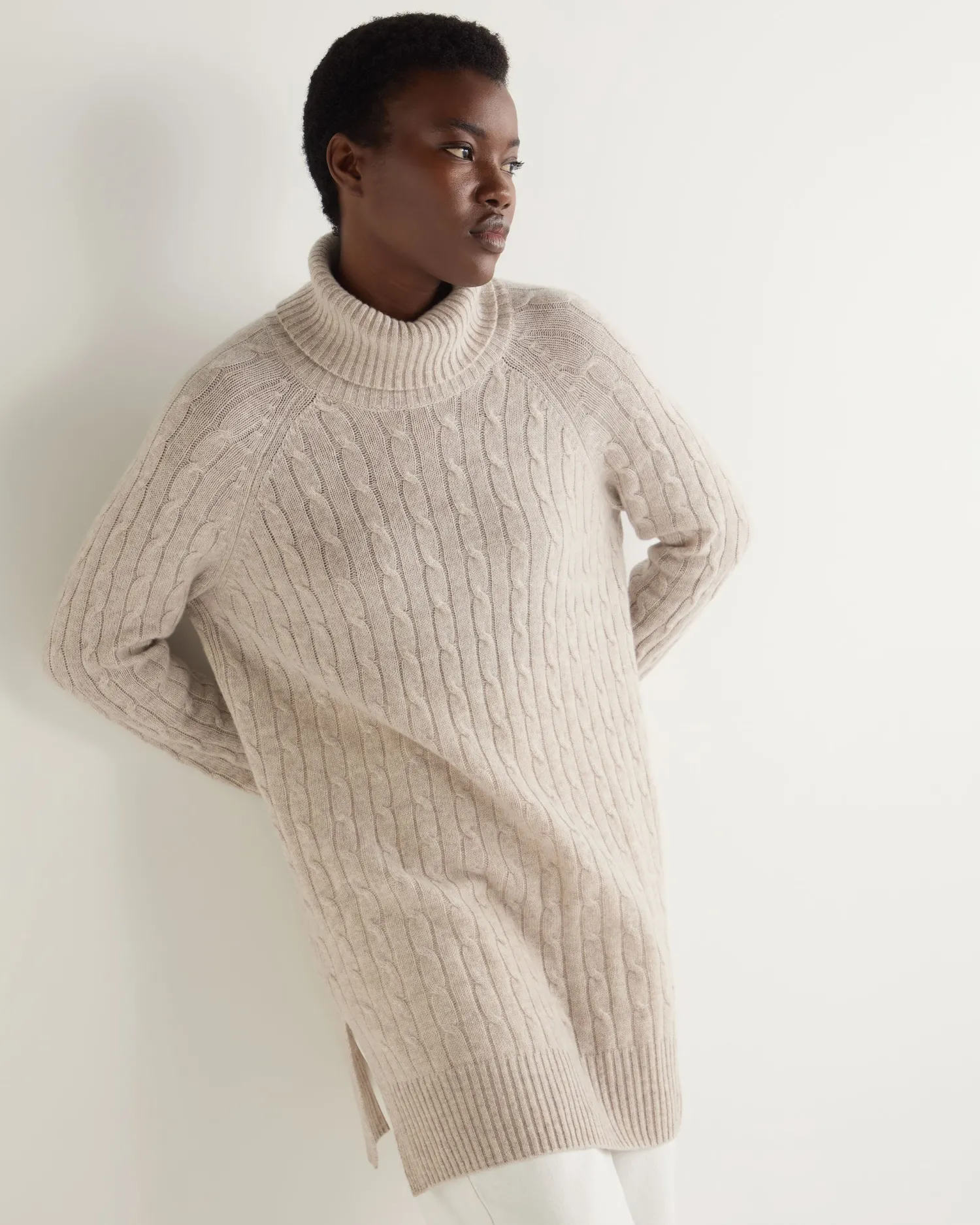 Women N.Peal Natural | Brown*Women's Turtle Neck Cable Cashmere Tunic