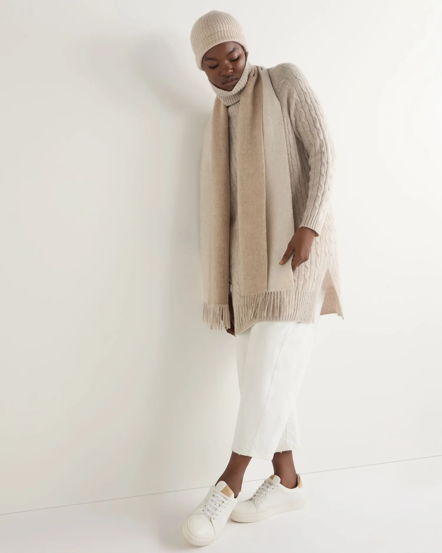 Women N.Peal Natural | Brown*Women's Turtle Neck Cable Cashmere Tunic
