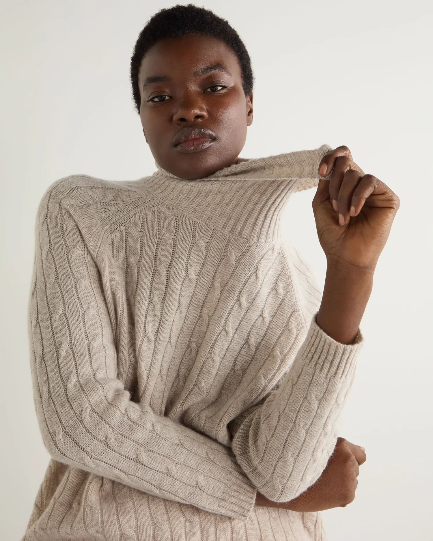 Women N.Peal Natural | Brown*Women's Turtle Neck Cable Cashmere Tunic